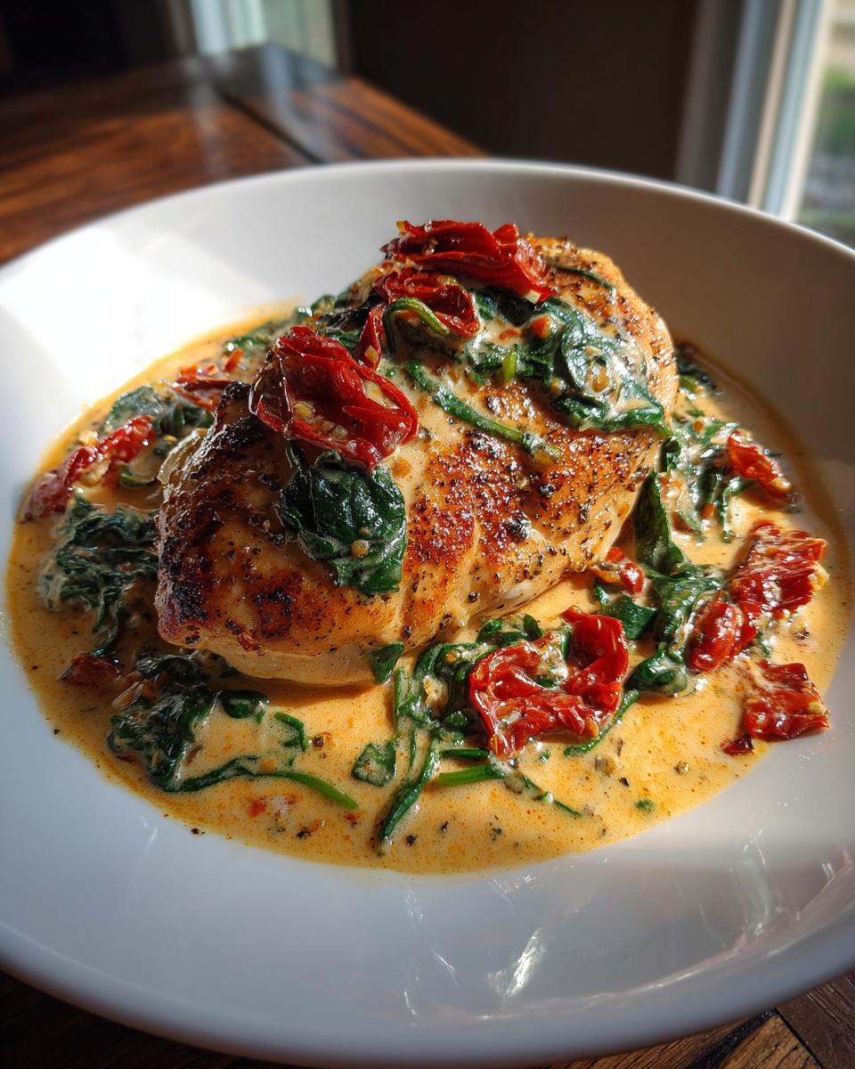 A perfectly seared chicken breast smothered in a rich, creamy Tuscan sauce with spinach and sun-dried tomatoes.