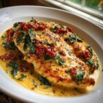 Two seared chicken breasts smothered in a rich, creamy sauce with spinach and sun-dried tomatoes, the perfect creamy Tuscan chicken.