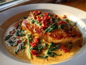 A beautifully seared chicken breast smothered in a rich, creamy sauce with spinach and sun-dried tomatoes: Creamy Tuscan Chicken.