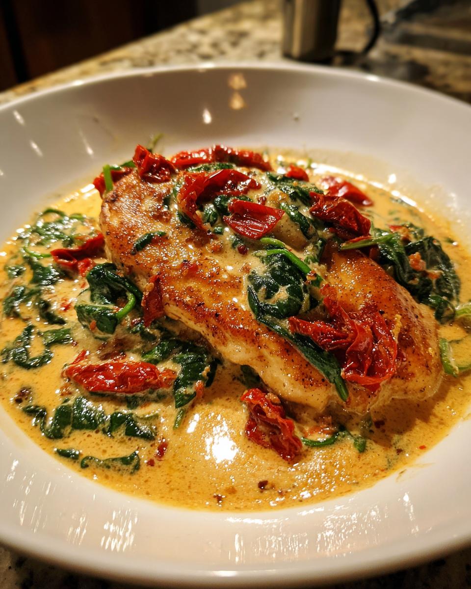 A perfectly seared chicken breast smothered in a rich, creamy Tuscan sauce with spinach and sun-dried tomatoes, featuring creamy tuscan chicken.
