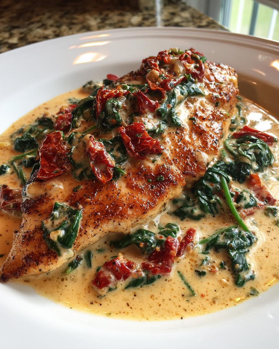 A golden-brown seared chicken breast smothered in creamy Tuscan sauce with spinach and sun-dried tomatoes.