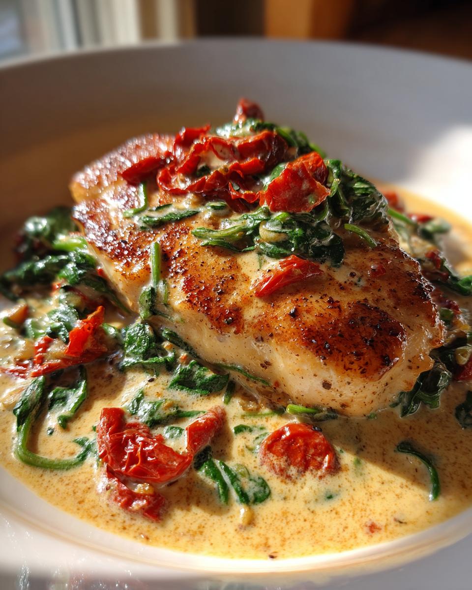 A close-up of a seared chicken breast smothered in a rich, creamy Tuscan sauce with spinach and sun-dried tomatoes.