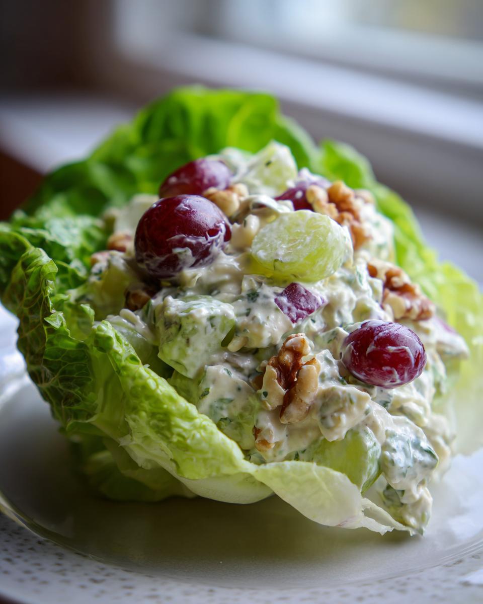 A close-up of creamy Waldorf salad filled with grapes and walnuts, served in a crisp butter lettuce cup.