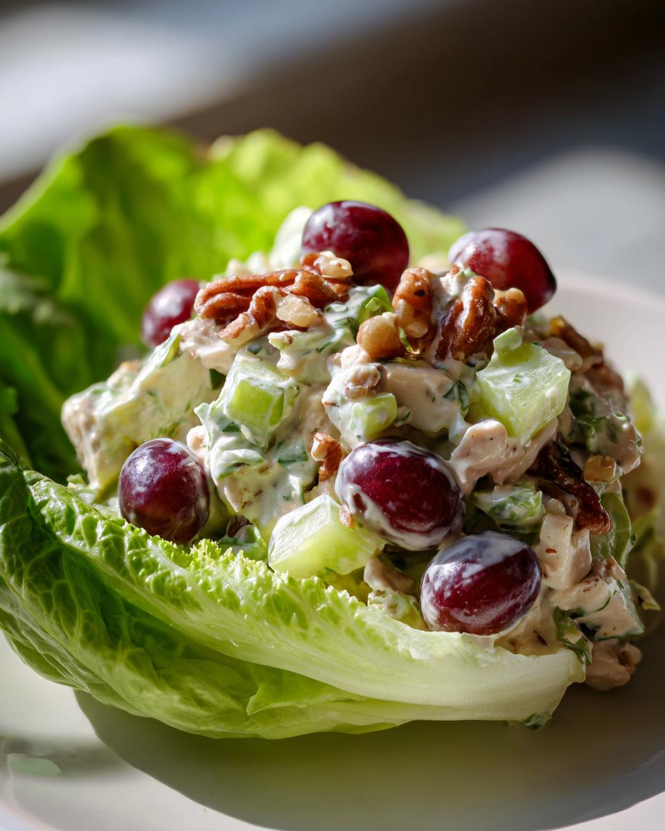 A close-up of creamy Waldorf salad featuring grapes, celery, and pecans, served in a crisp butter lettuce cup.