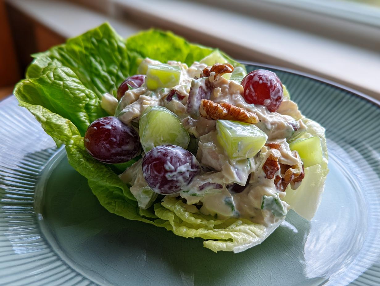 A serving of creamy Waldorf salad featuring grapes, celery, and pecans nestled in a crisp lettuce cup.