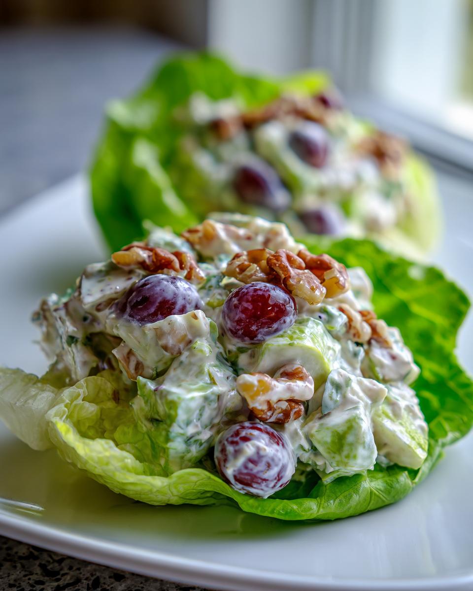 Close-up of a creamy Waldorf salad mixture with grapes and walnuts served in crisp lettuce cups.