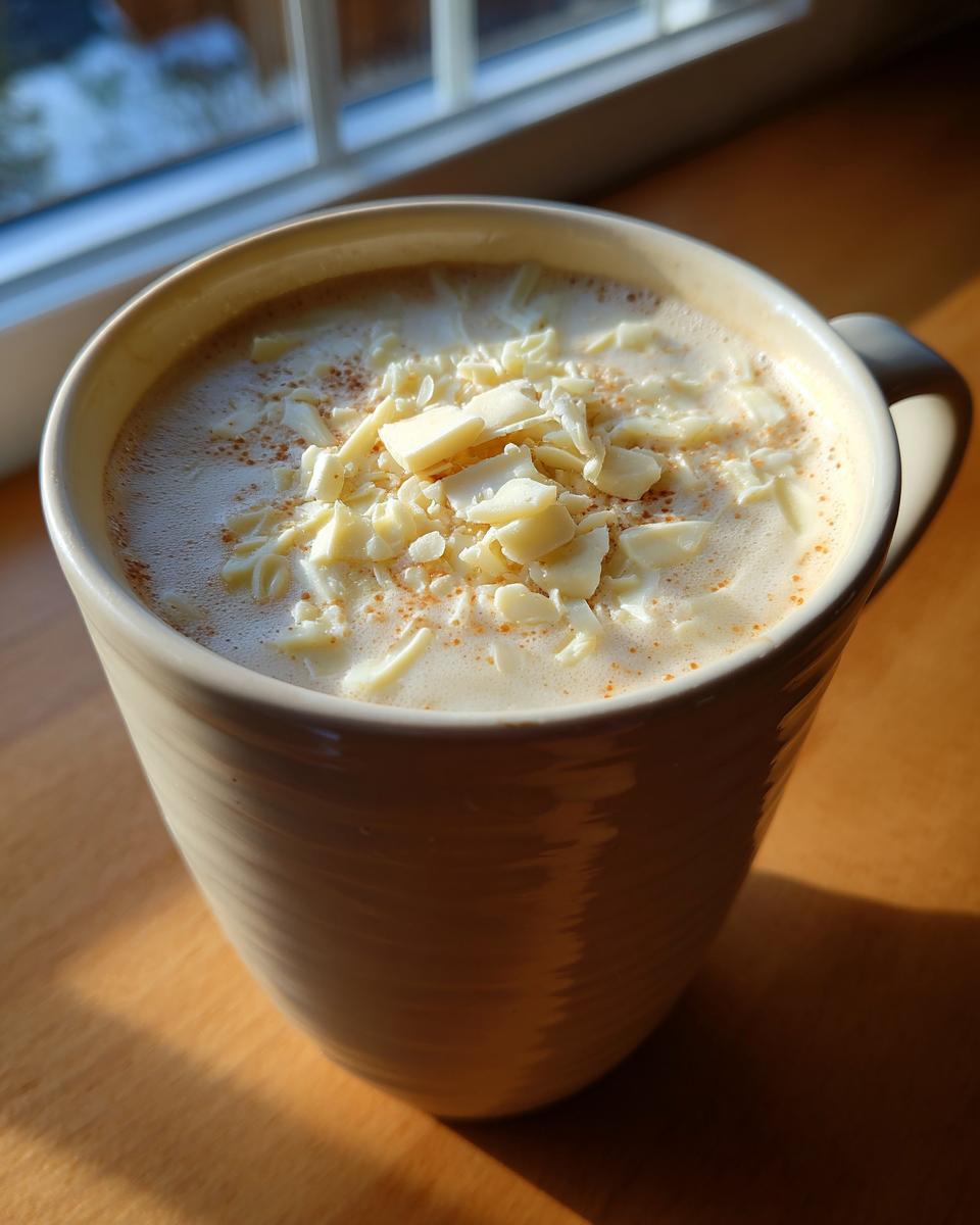 A close-up of a steaming mug of rich white hot chocolate topped with white chocolate shavings and cinnamon.
