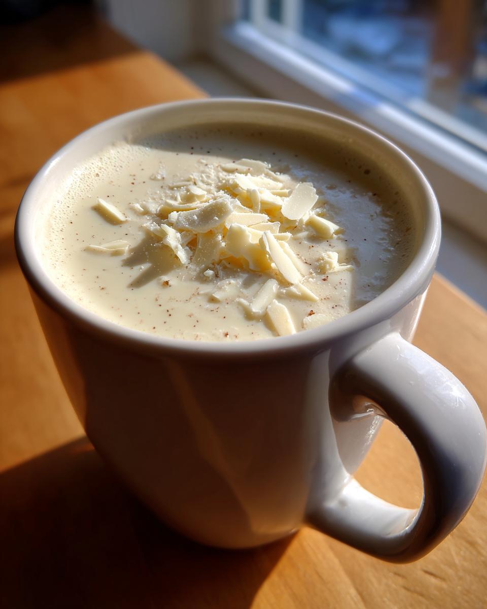 Close-up of creamy white hot chocolate in a mug, topped with white chocolate shavings and nutmeg.