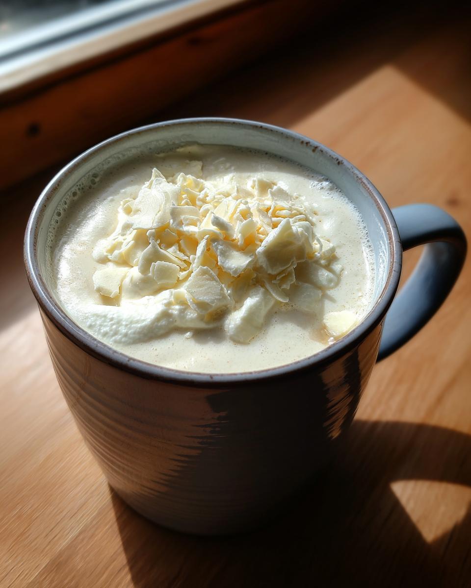 A close-up of creamy white hot chocolate topped with whipped cream and white chocolate shavings.