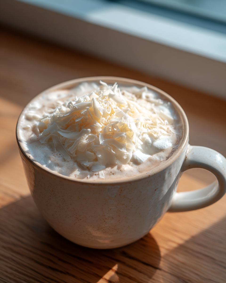 A cozy mug of white hot chocolate topped generously with whipped cream and white chocolate shavings.