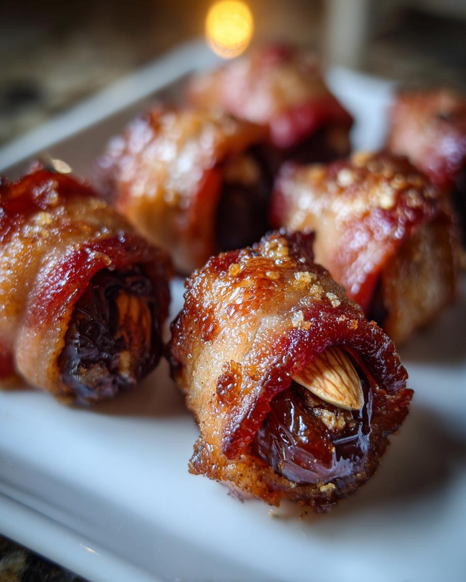Close-up of several crispy, glazed bacon-wrapped dates stuffed with an almond, served on a white plate.