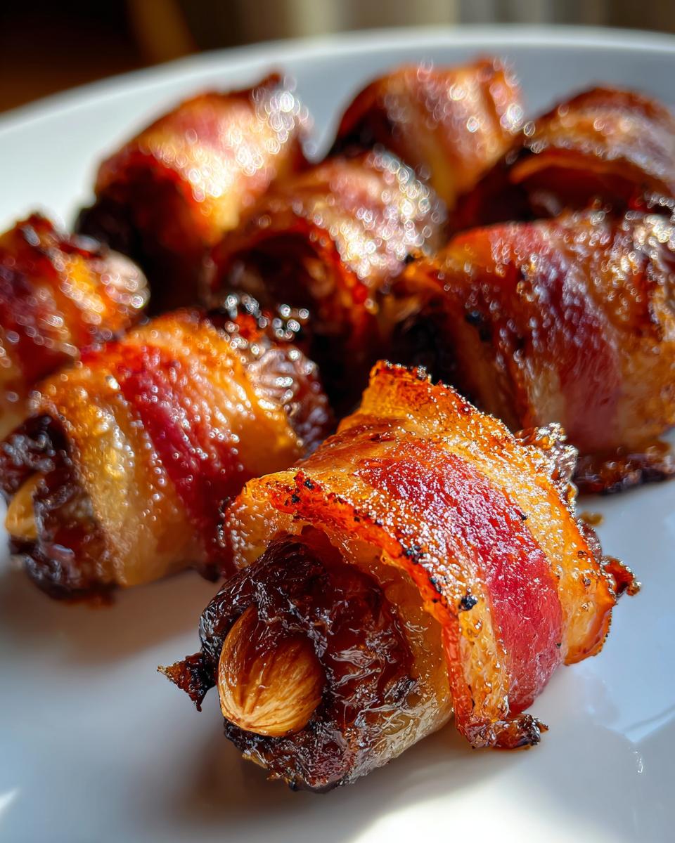 A close-up of several perfectly cooked, crispy bacon-wrapped dates, each stuffed with an almond, glistening on a white plate.