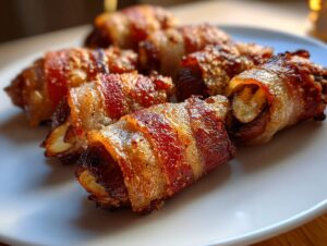 Close-up of several perfectly cooked, crispy bacon-wrapped dates arranged on a white serving plate.