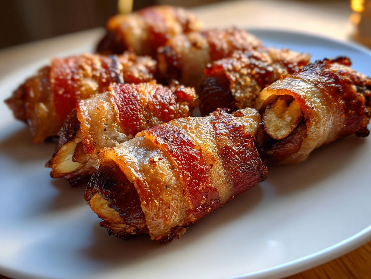 Close-up of several perfectly cooked, crispy bacon-wrapped dates arranged on a white serving plate.