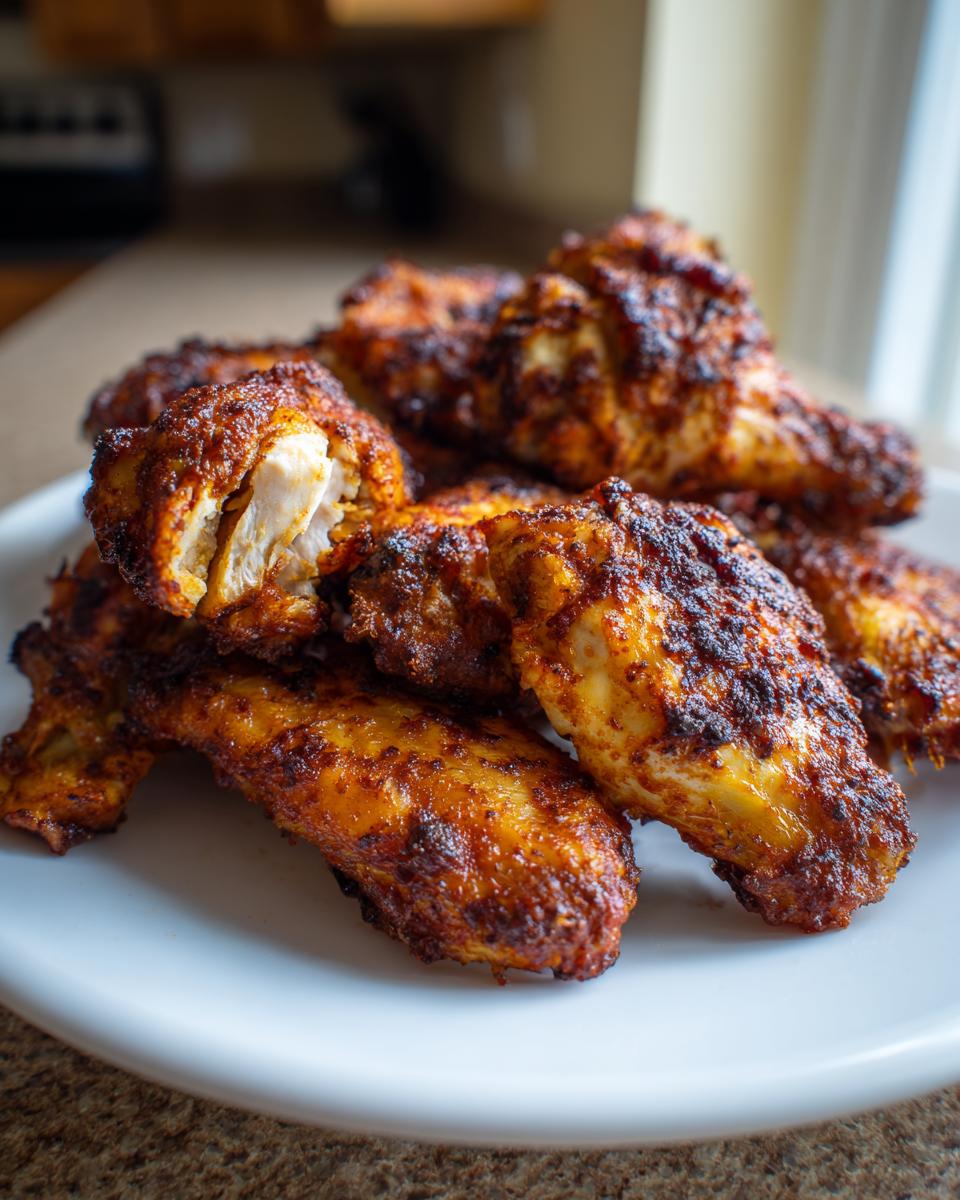 A close-up of several perfectly seasoned and crispy baked chicken wings piled on a white plate, one wing is broken open showing juicy white meat.