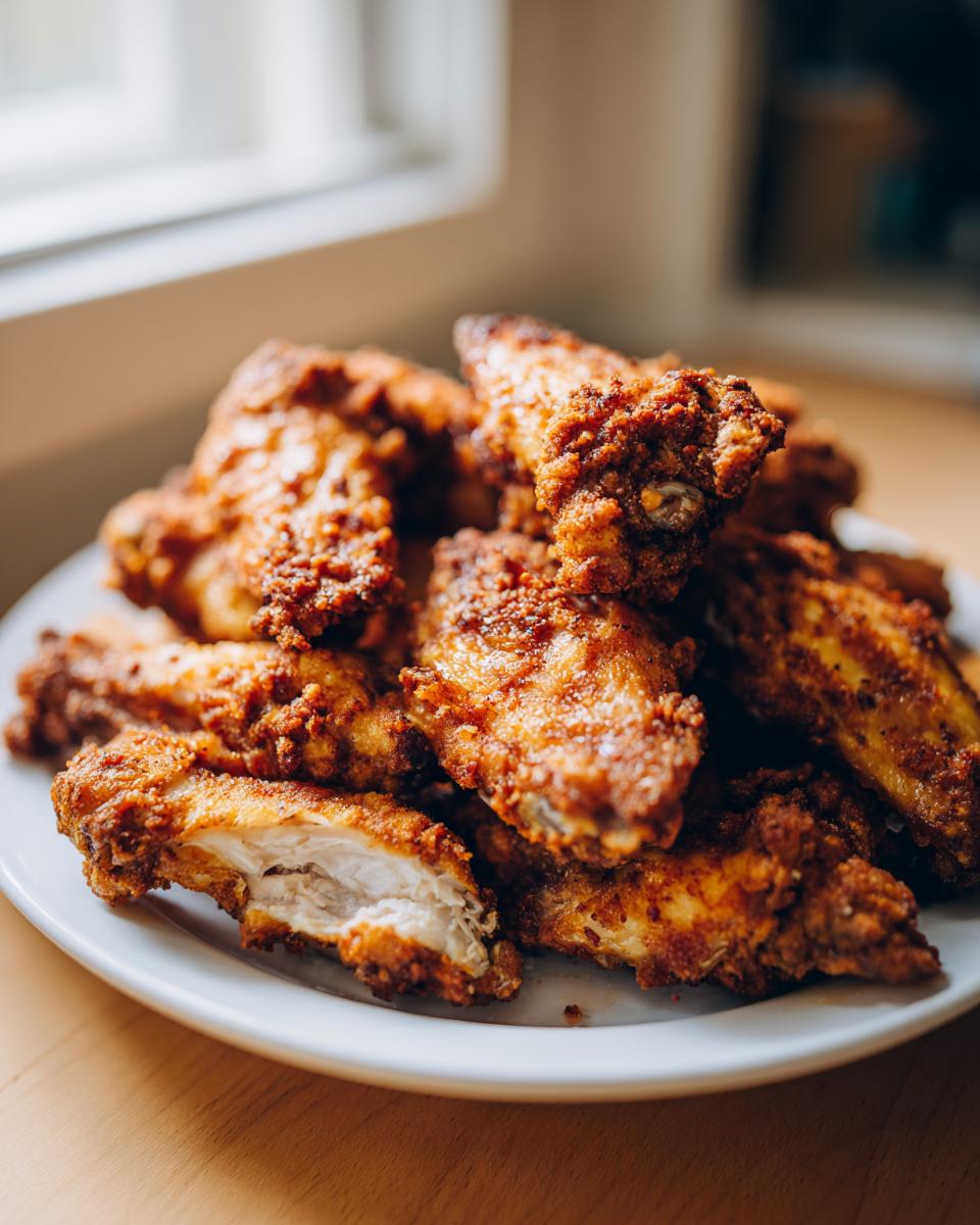 A pile of golden brown, crispy baked chicken wings on a white plate, one wing is broken open showing juicy white meat.
