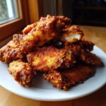 A close-up shot of a pile of golden-brown, crispy baked chicken wings stacked on a white plate.