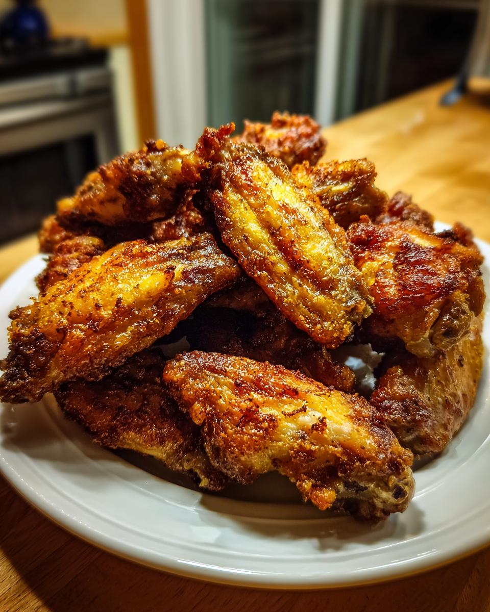 A close-up of a large pile of golden-brown, crispy baked chicken wings stacked high on a white plate.