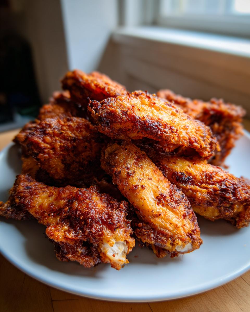 A close-up stack of golden brown, very crispy baked chicken wings on a light blue plate.