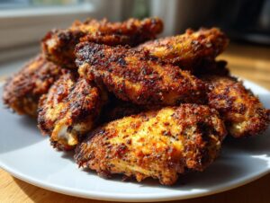 Close-up of a pile of golden brown, heavily seasoned crispy baked chicken wings on a white plate.