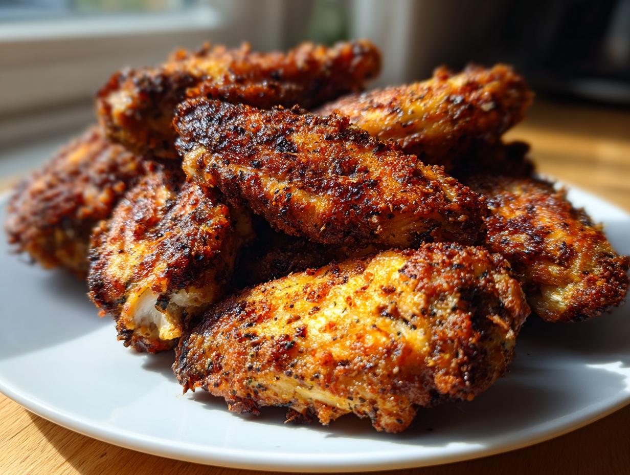 Close-up of a pile of golden brown, heavily seasoned crispy baked chicken wings on a white plate.