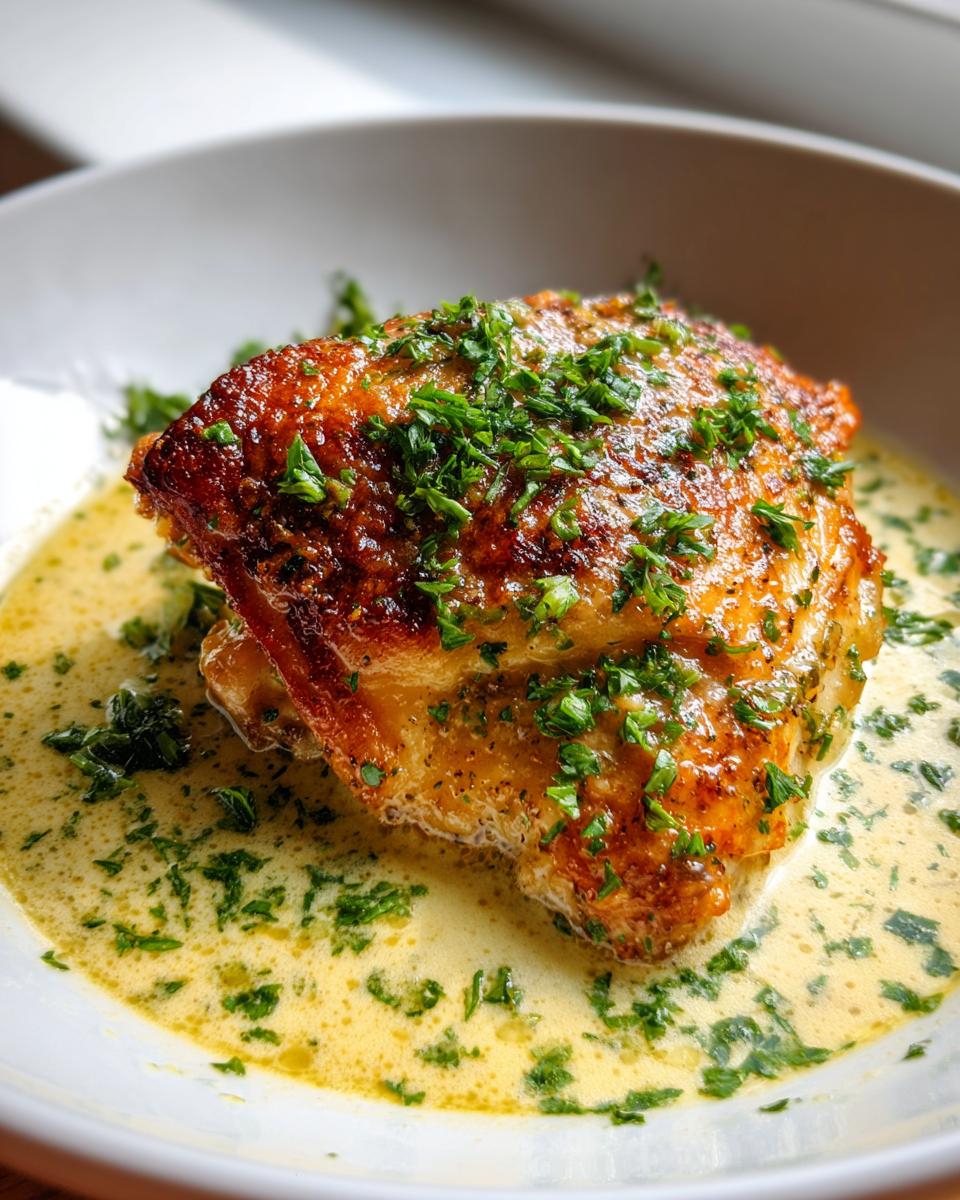 A perfectly baked, crispy skin chicken thighs served in a shallow bowl with a rich, creamy herb sauce.