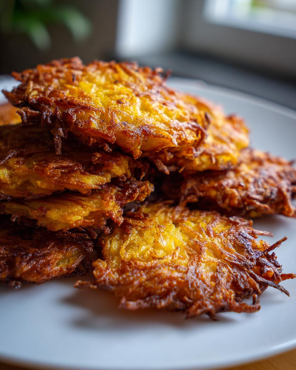 Close-up of a stack of perfectly fried, golden brown potato latkes on a white plate.
