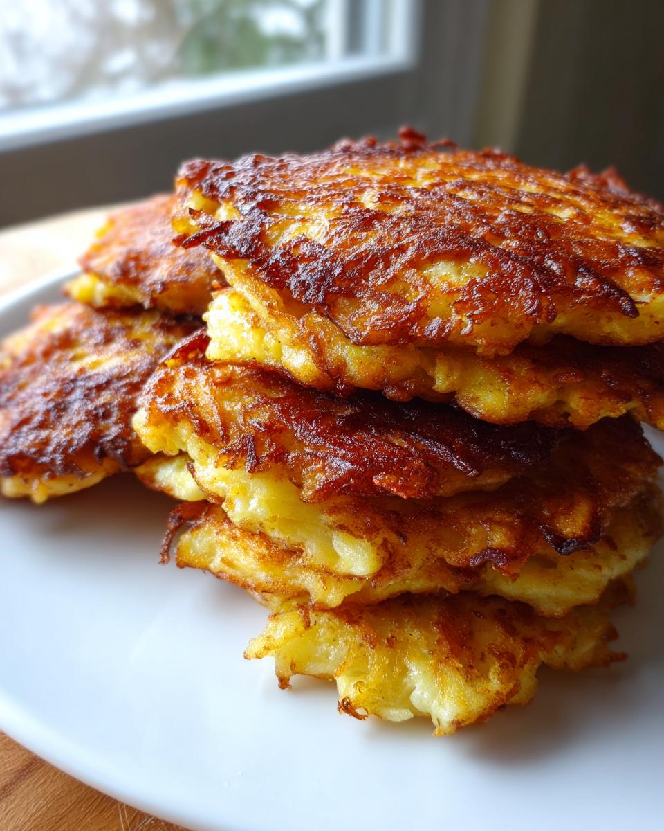 A close-up stack of perfectly fried, golden-brown potato latkes on a white plate.