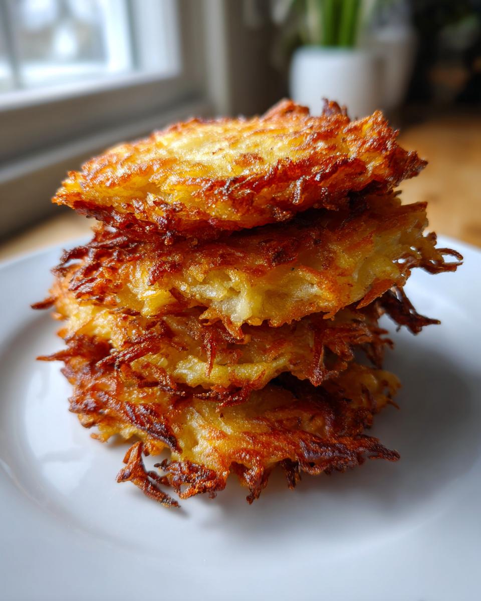 A stack of four perfectly golden brown and crispy potato latkes served on a white plate.