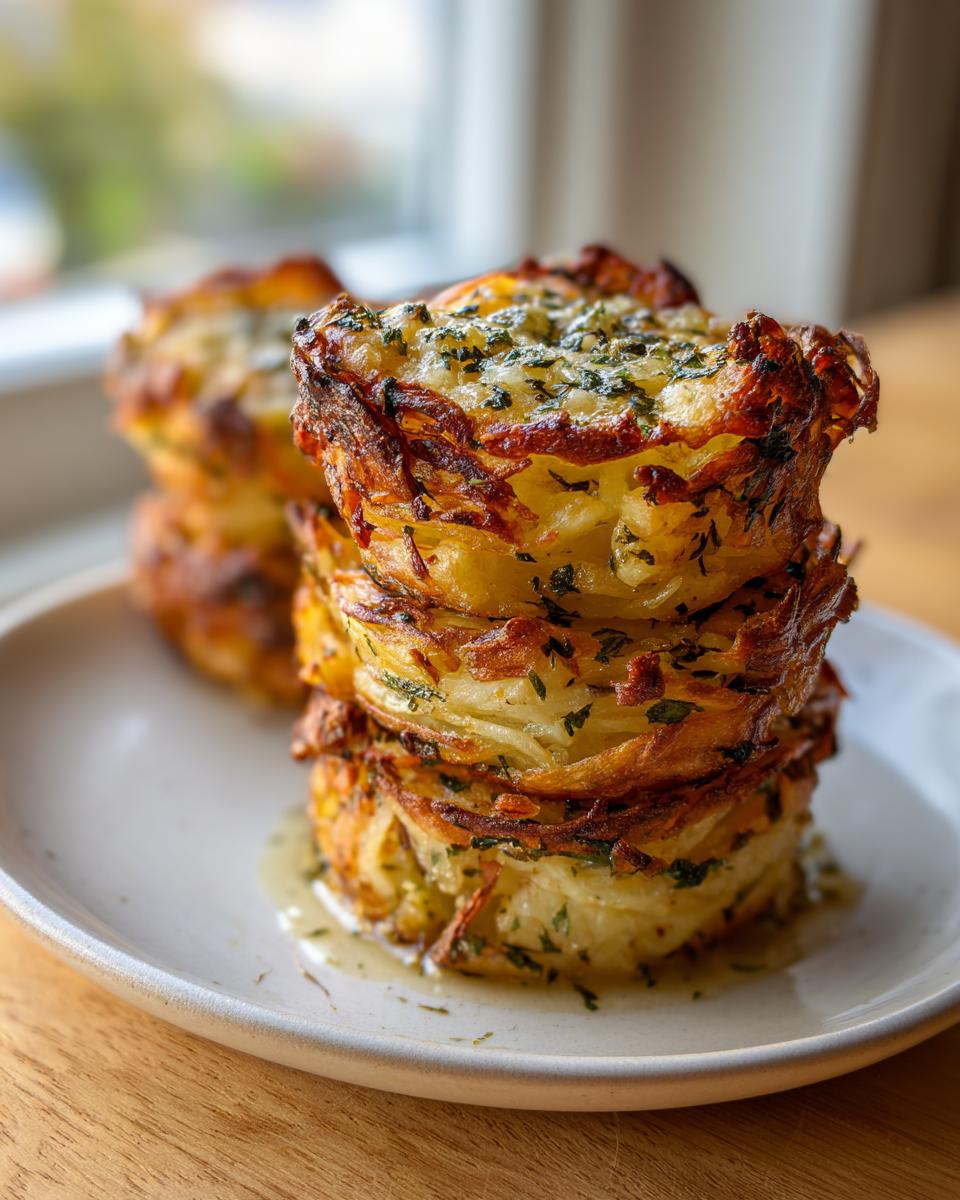 Close-up of two crispy potato stacks with garlic herb butter pooling slightly at the base.