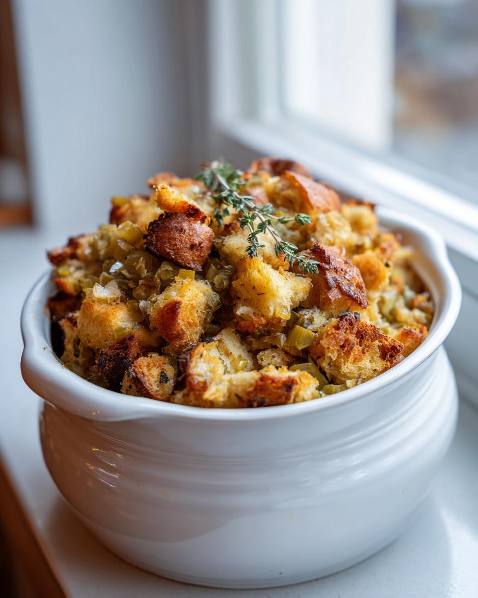 A white bowl filled with golden brown crock pot stuffing, garnished with fresh thyme, sits near a window.