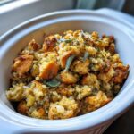 Close-up of savory crock pot stuffing with croutons, herbs, and sage leaves in a white ceramic slow cooker insert.