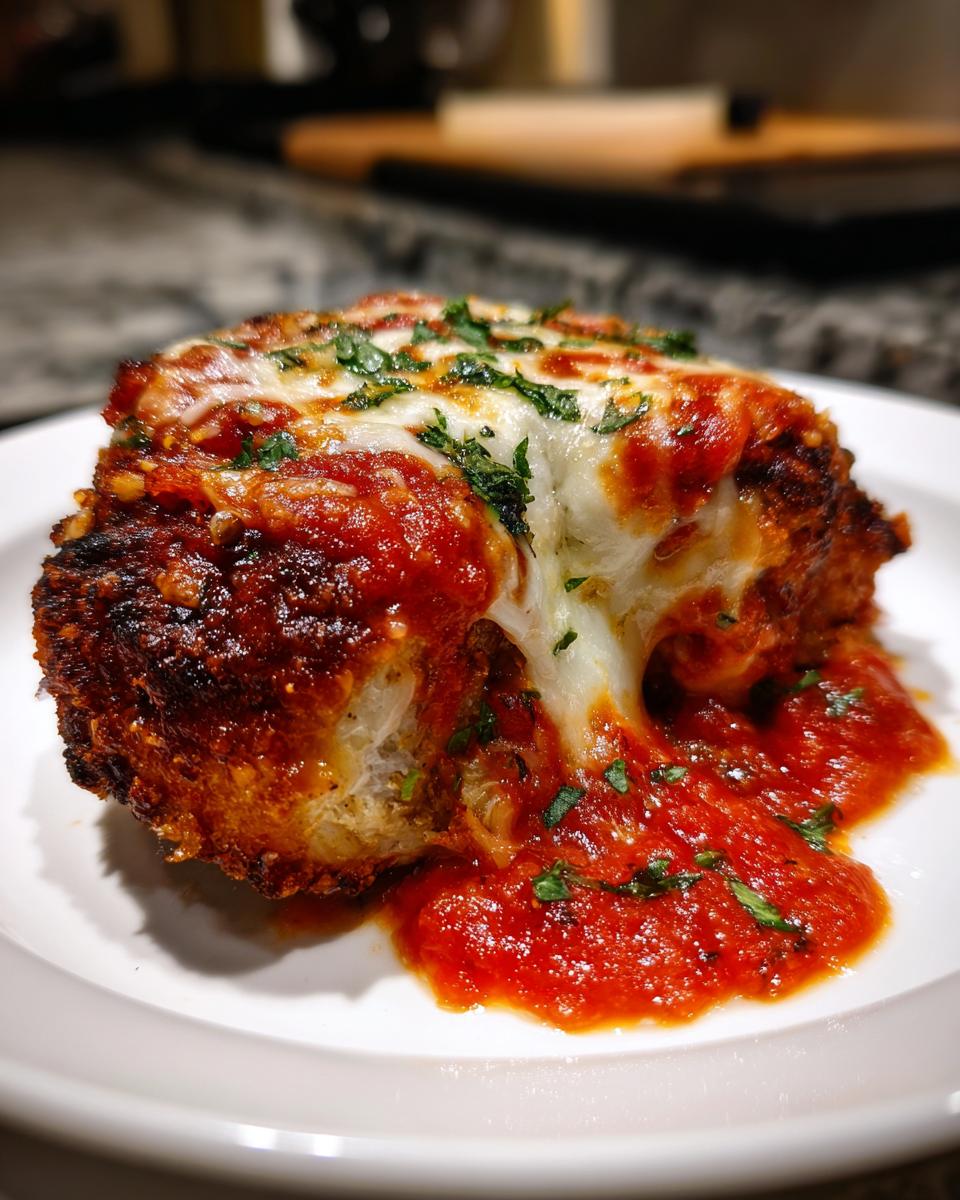 Close-up of a portion of Easy Chicken Parmesan topped with melted mozzarella, marinara sauce, and parsley.