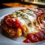 Close-up of a breaded chicken cutlet topped with marinara sauce, melted mozzarella, and herbs, showcasing the Easy chicken Parmesan.