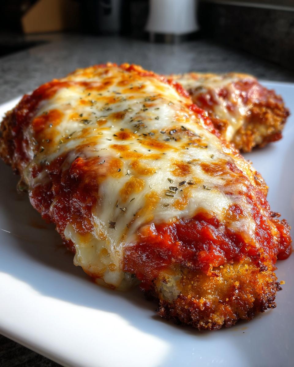 Close-up of a crispy, breaded cutlet smothered in red sauce and melted mozzarella for Easy chicken Parmesan.