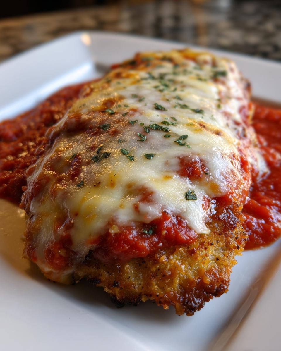 Close-up of a golden-brown breaded cutlet covered in marinara sauce and melted mozzarella for Easy Chicken Parmesan.