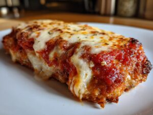 Close-up of a serving of Easy chicken Parmesan topped with bubbly, melted mozzarella cheese and marinara sauce.