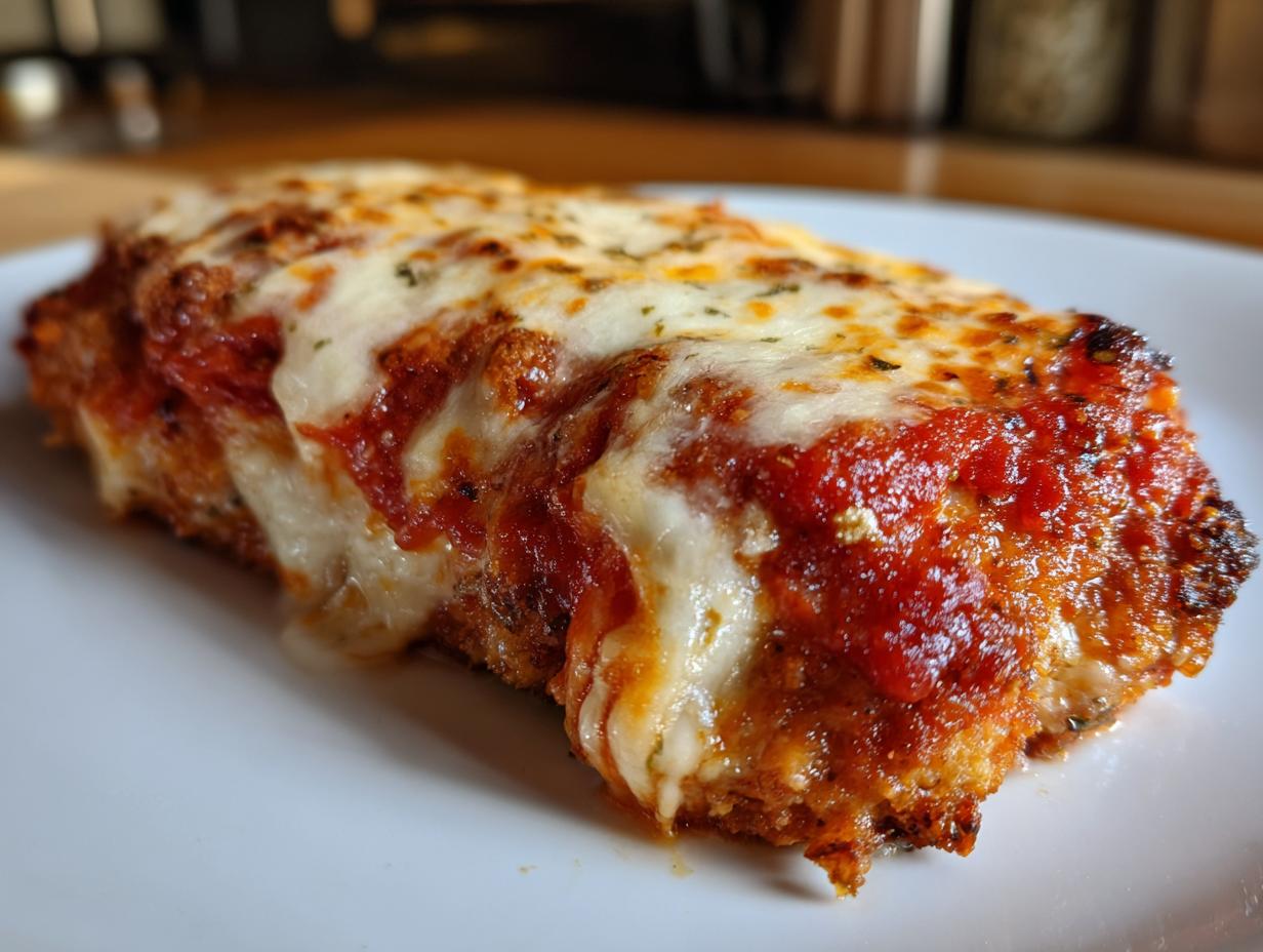 Close-up of a serving of Easy chicken Parmesan topped with bubbly, melted mozzarella cheese and marinara sauce.