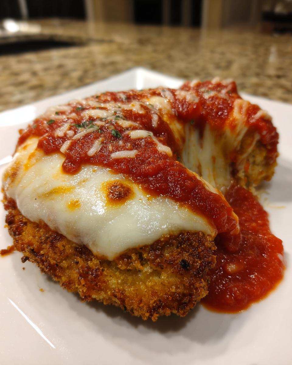 Close-up of a breaded cutlet smothered in marinara sauce and melted mozzarella cheese, representing Easy Chicken Parmesan.