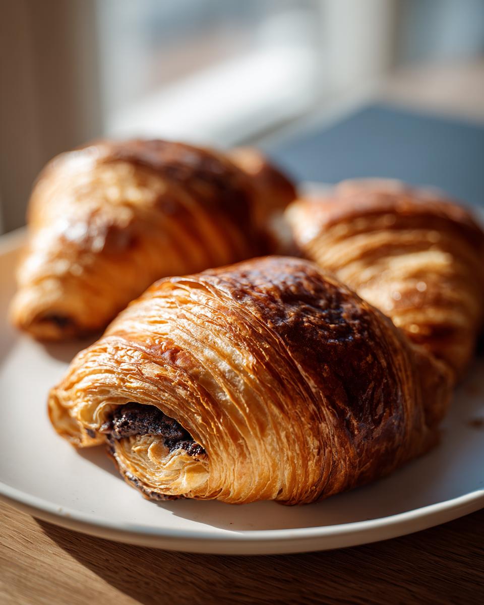 Close-up of three flaky, golden brown chocolate croissant pastries on a white plate.