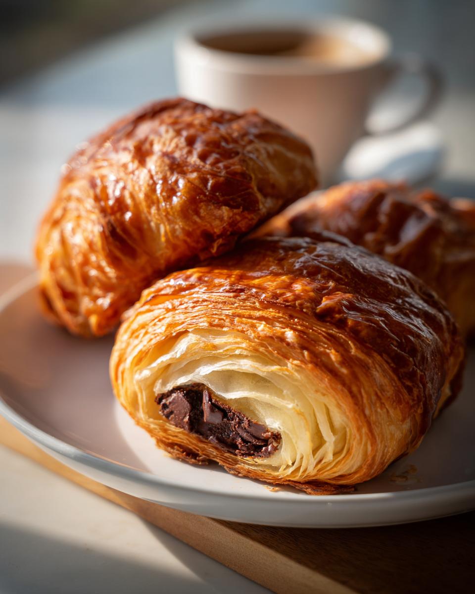 Close-up of a flaky, golden brown chocolate croissant cut open to show melted dark chocolate filling.