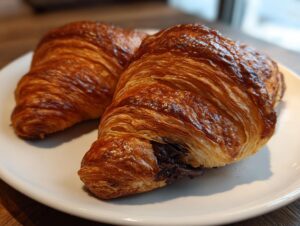 Two freshly baked, flaky chocolate croissants with visible melted chocolate filling, resting on a white plate.