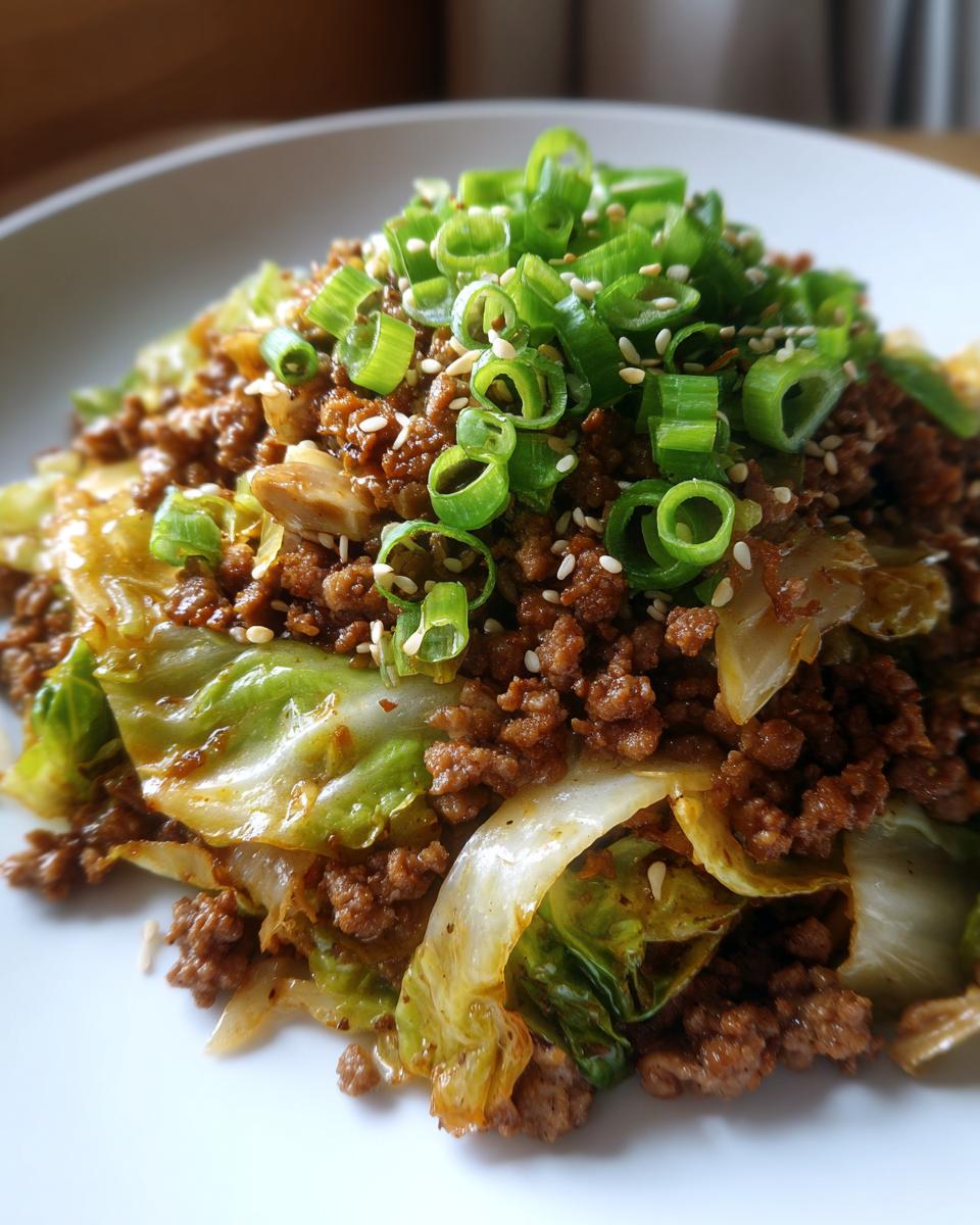 Close-up of a serving of egg roll in a bowl featuring seasoned ground meat and cabbage, garnished heavily with sliced green onions and sesame seeds.