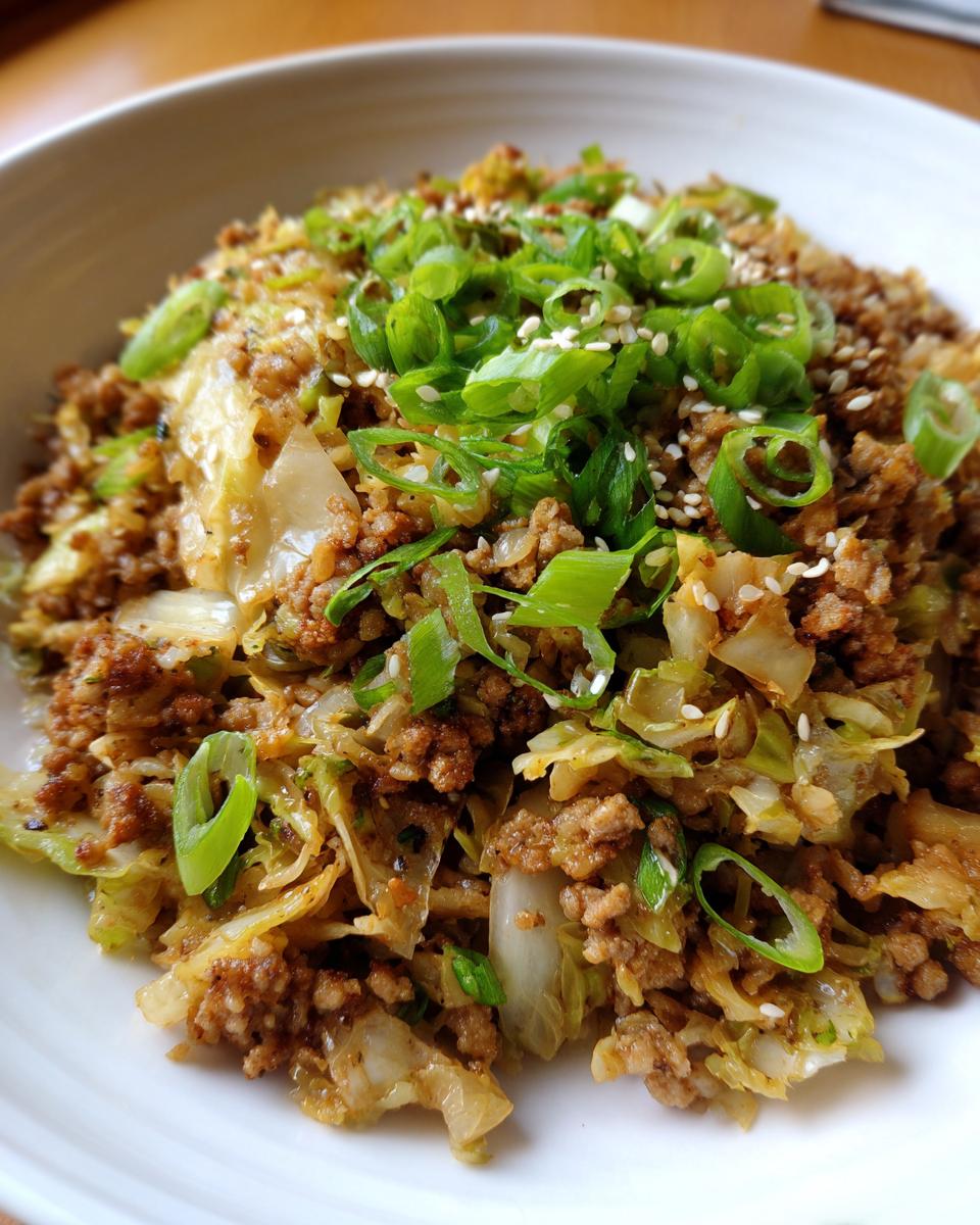 Close-up of a bowl of egg roll in a bowl mixture topped with sliced green onions and sesame seeds.