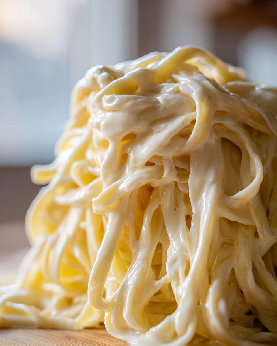 Close-up of thick fettuccine noodles generously coated in creamy homemade alfredo sauce.