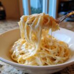 A fork lifting fettuccine noodles generously coated in creamy homemade alfredo sauce, topped with grated Parmesan cheese.