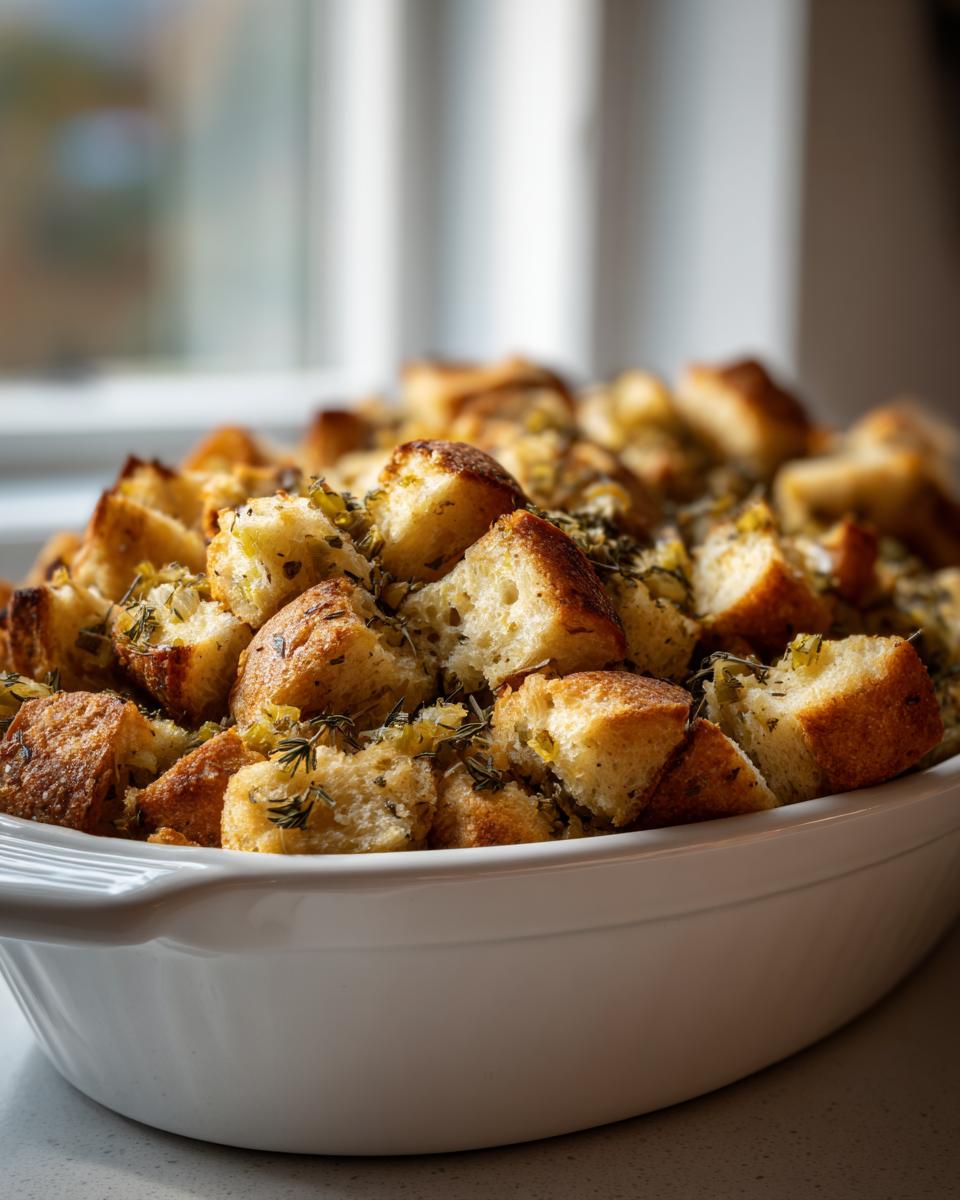 Close-up of fluffy, herbed bread cubes in a white dish, ready to serve as crock pot stuffing.