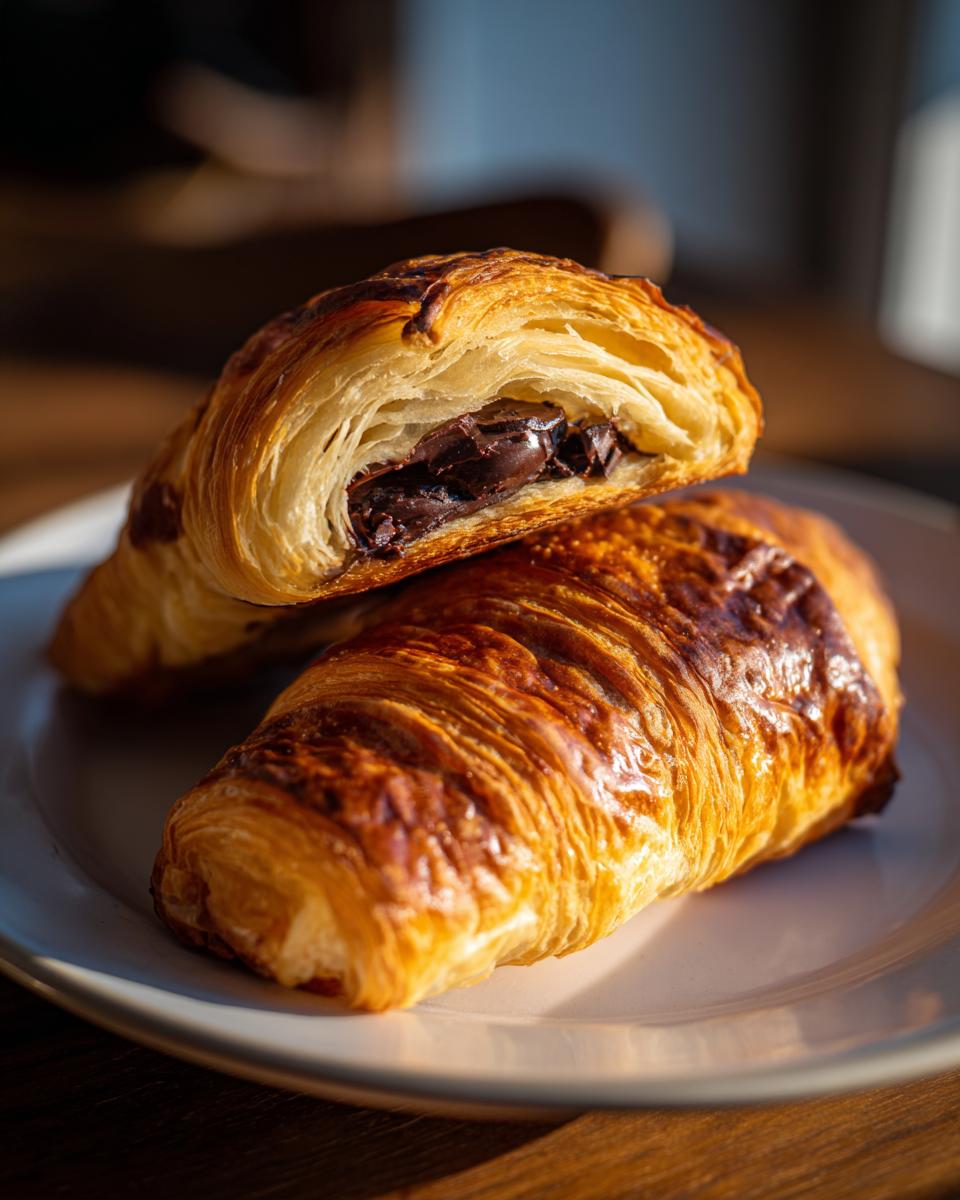 Close-up of a golden brown chocolate croissant cut in half, revealing melted chocolate filling inside.