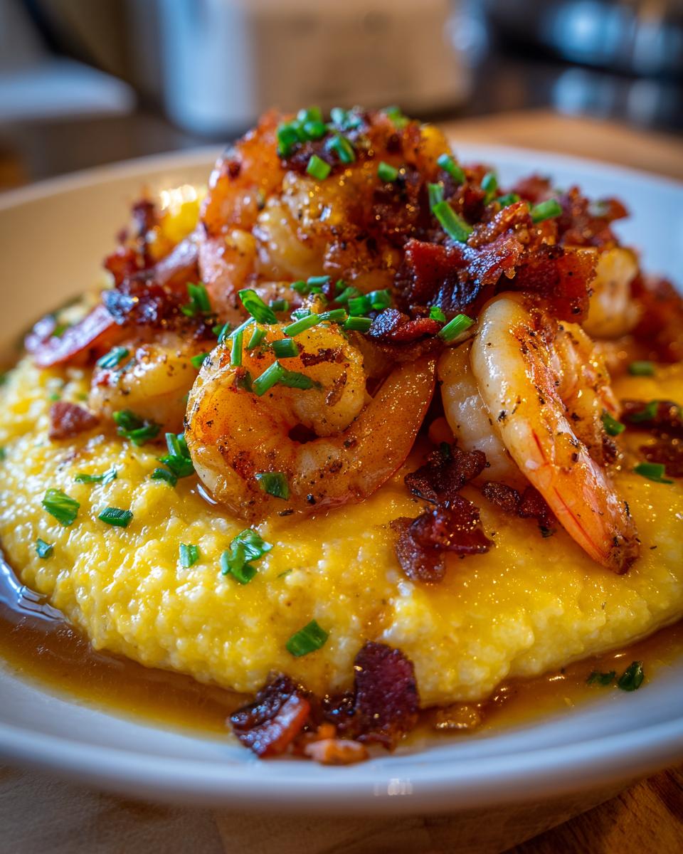 A close-up of creamy yellow shrimp and grits topped with seasoned shrimp, crispy bacon, and fresh chives.