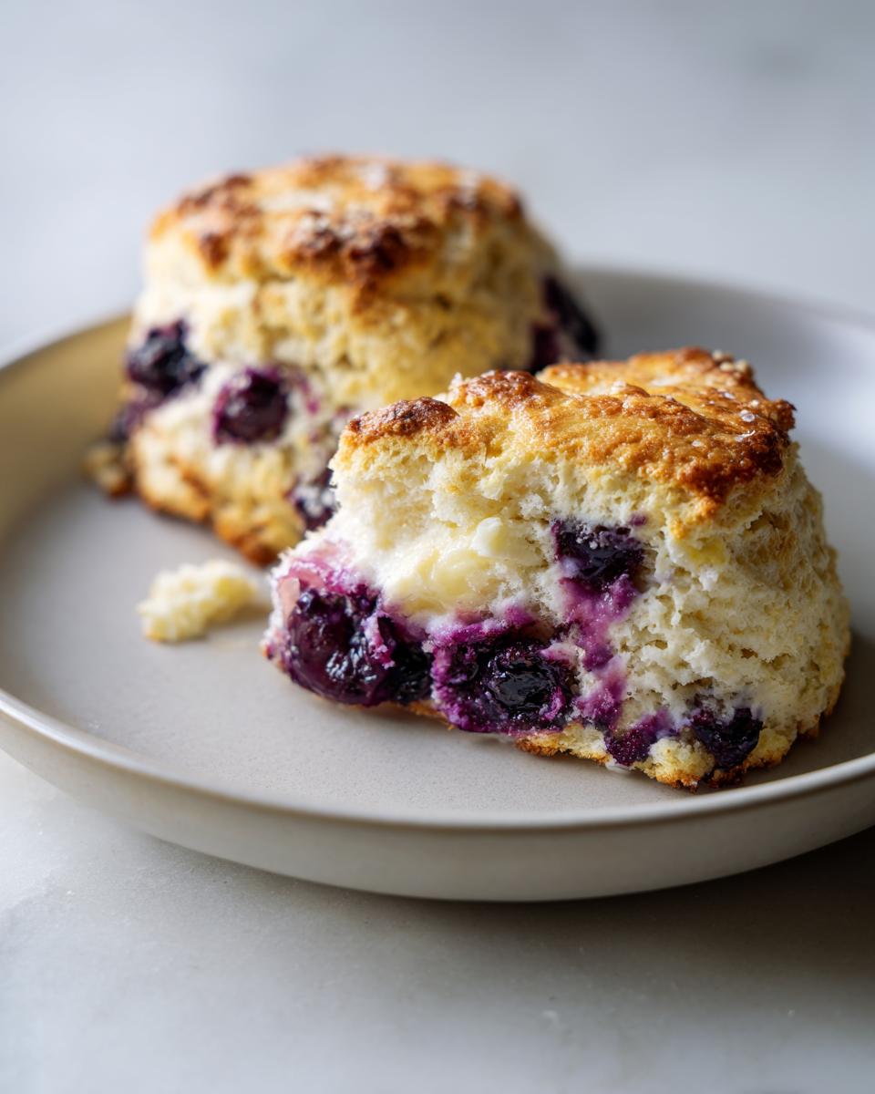 A halved blueberry scone showing the moist interior packed with purple blueberries, resting on a plate.